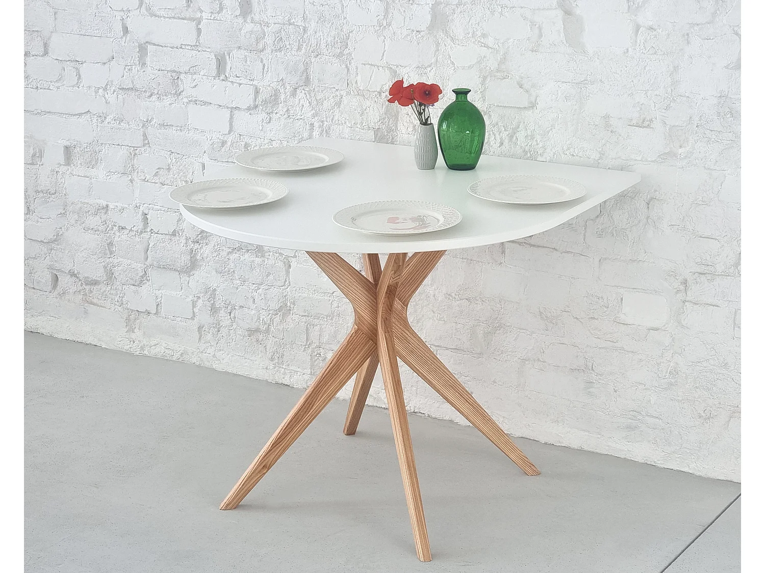 Table demi-ovale à manger 90x90 cm, 4 personnes, MDF Beige Brun | frêne