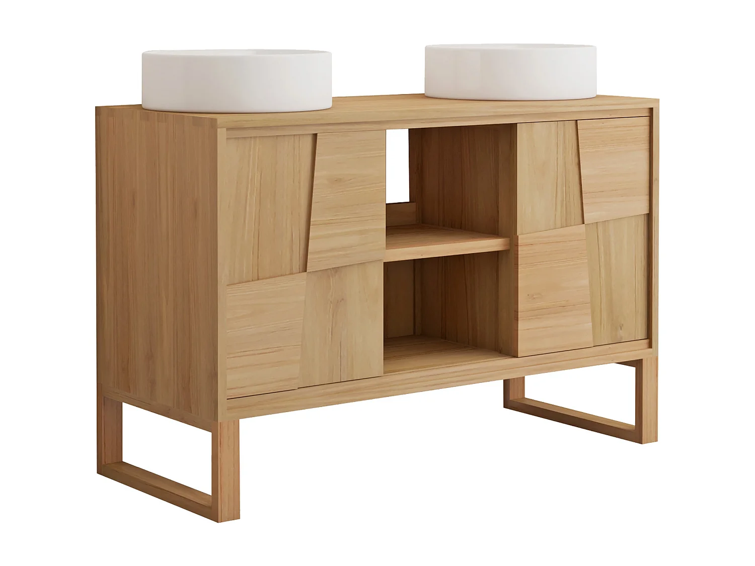 Meuble de salle de bain sur pieds en teck avec vasque à poser ronde en céramique - L120 cm - MATARAM