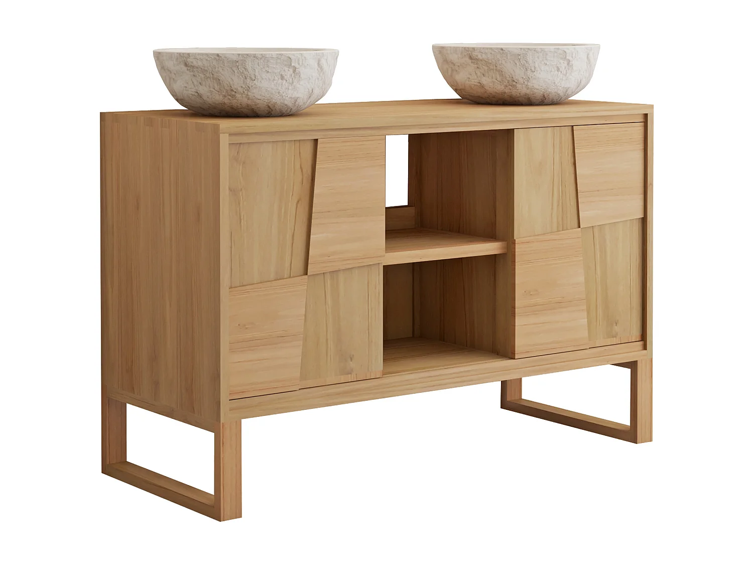 Meuble de salle de bain sur pieds en teck avec vasque à poser ronde en marbre couleur crème - L120 cm - MATARAM