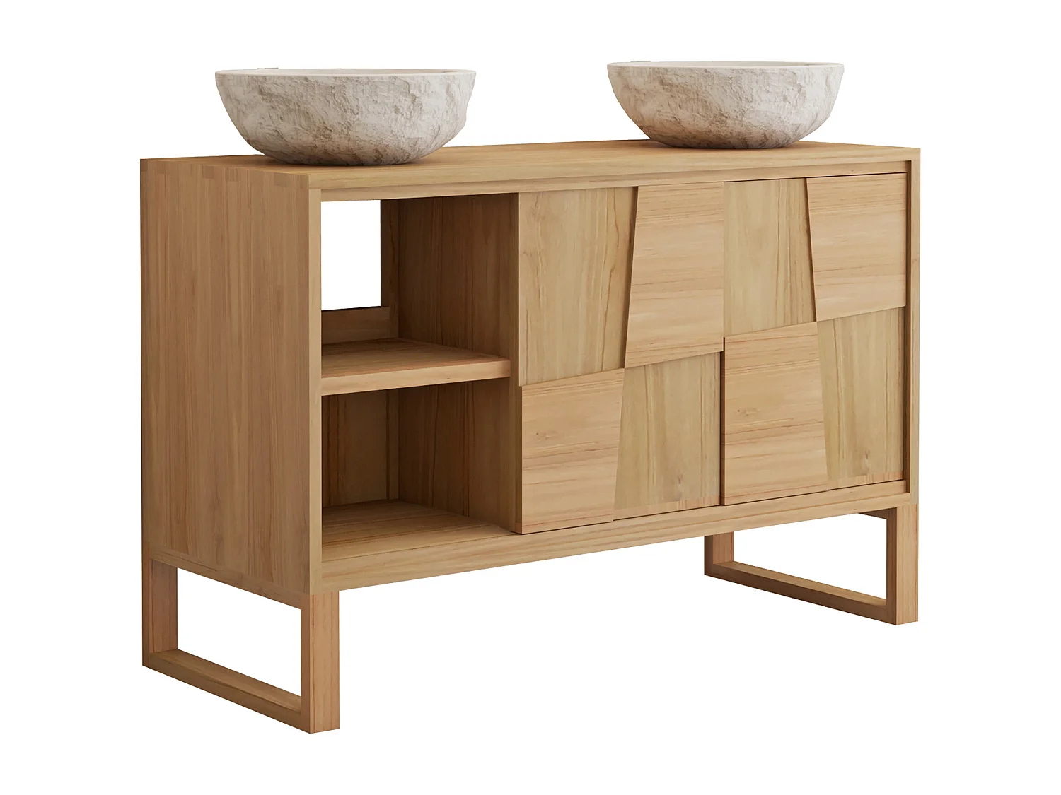 Meuble de salle de bain sur pieds en teck avec vasque à poser ronde en marbre couleur crème - L120 cm - MATARAM