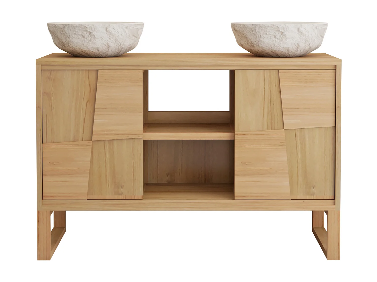 Meuble de salle de bain sur pieds en teck avec vasque à poser ronde en marbre couleur crème - L120 cm - MATARAM