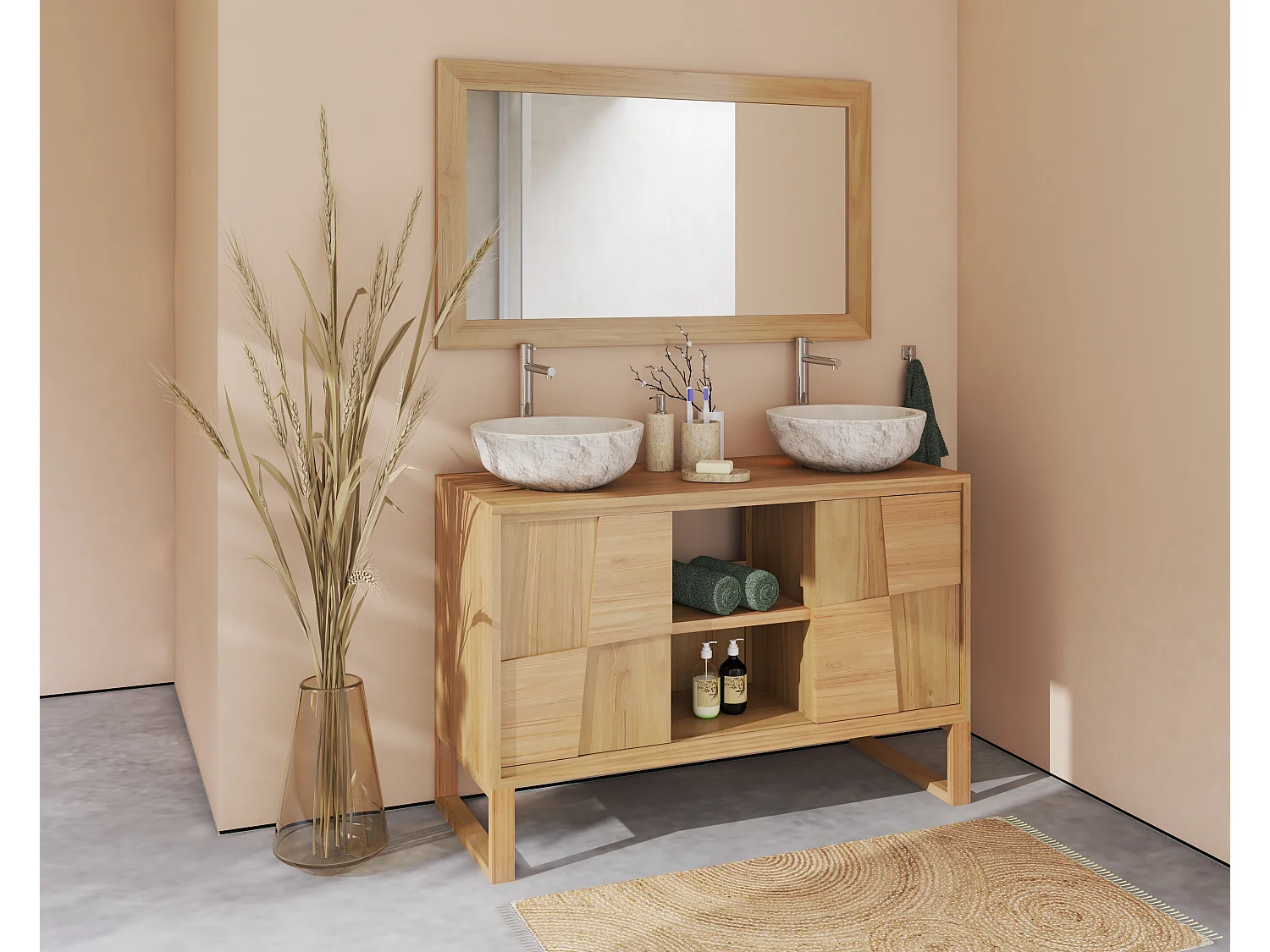 Meuble de salle de bain sur pieds en teck avec vasque à poser ronde en marbre couleur crème - L120 cm - MATARAM