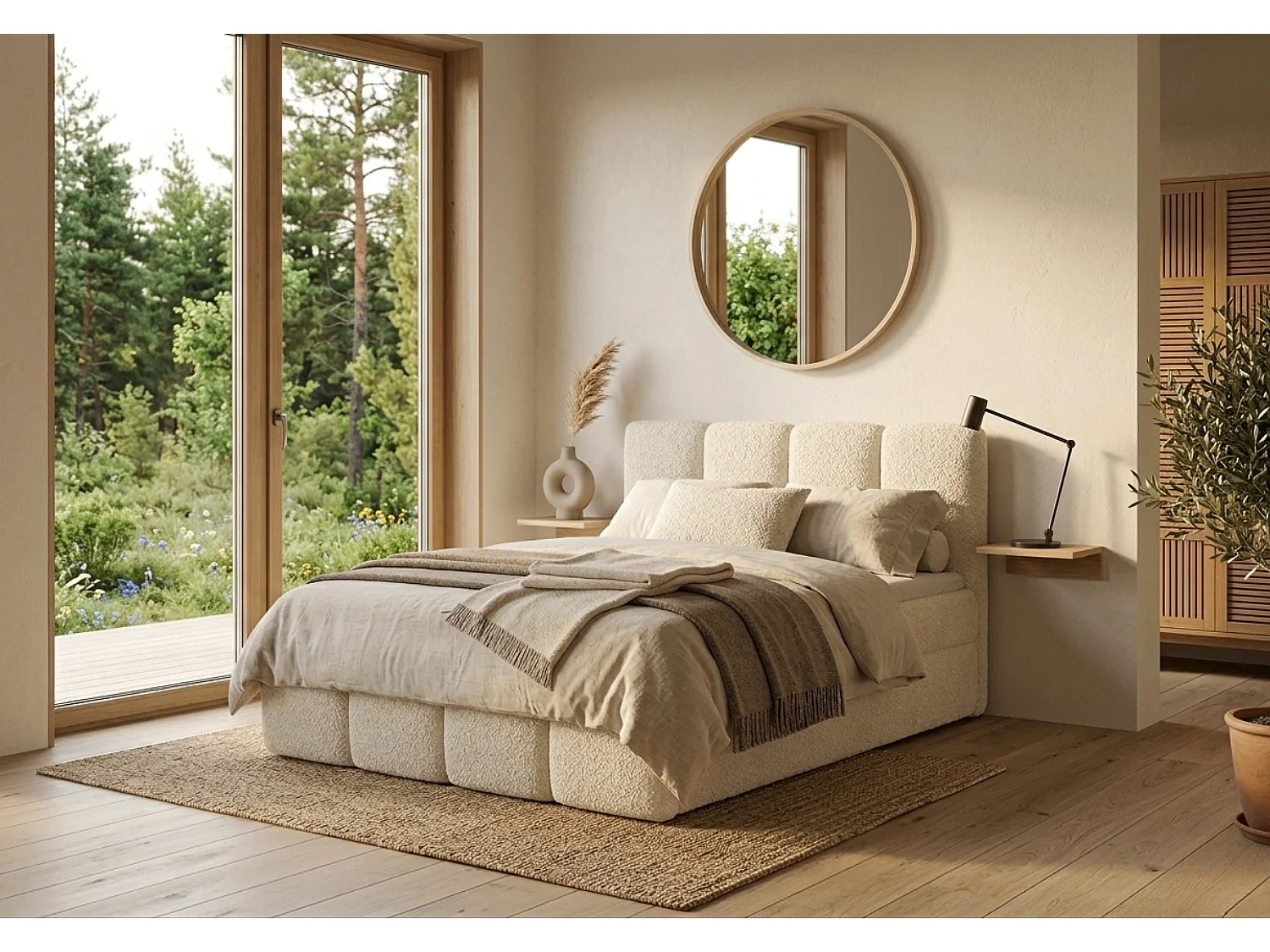 Élégant lit capitonné KORA 160x200 cm en tissu CENTAUR 1 blanc cassé.