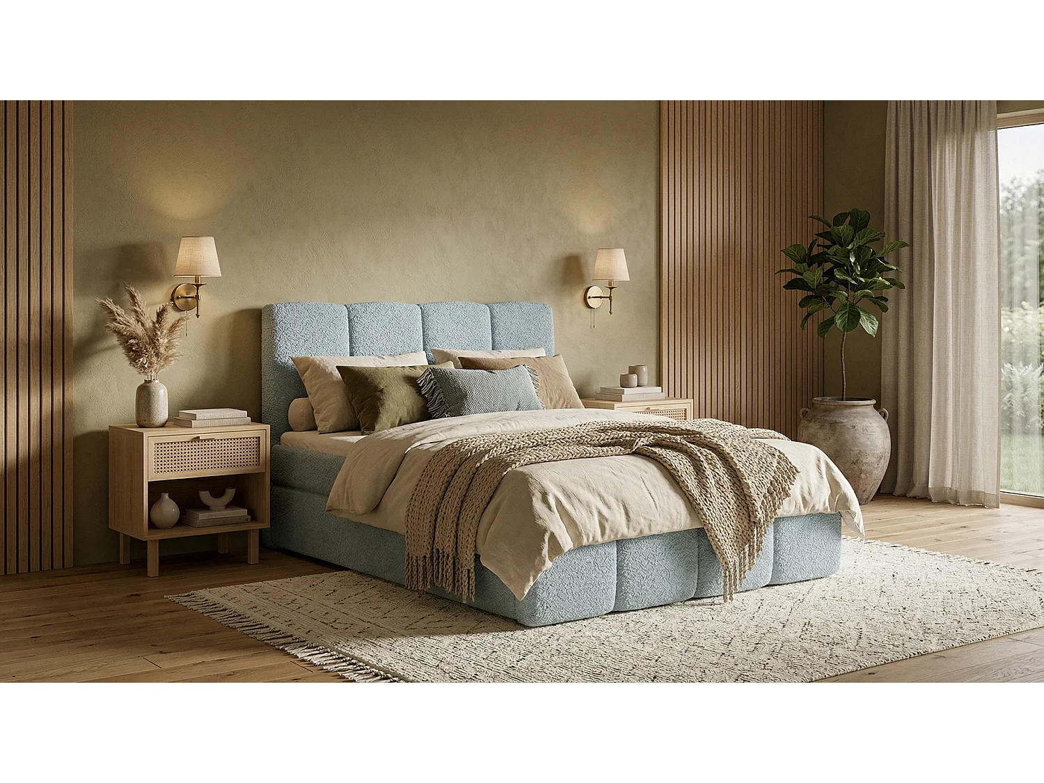 Élégant lit capitonné KORA 160x200 cm en tissu CENTAUR 9 bleu clair.