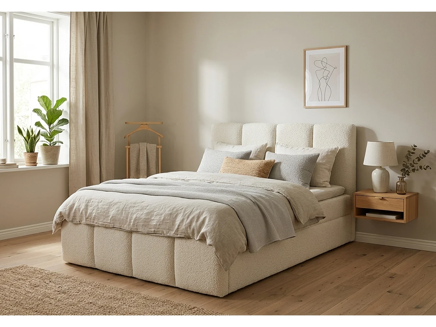 Lit capitonné élégant KORA 120x200 cm en tissu CENTAUR 1 blanc cassé