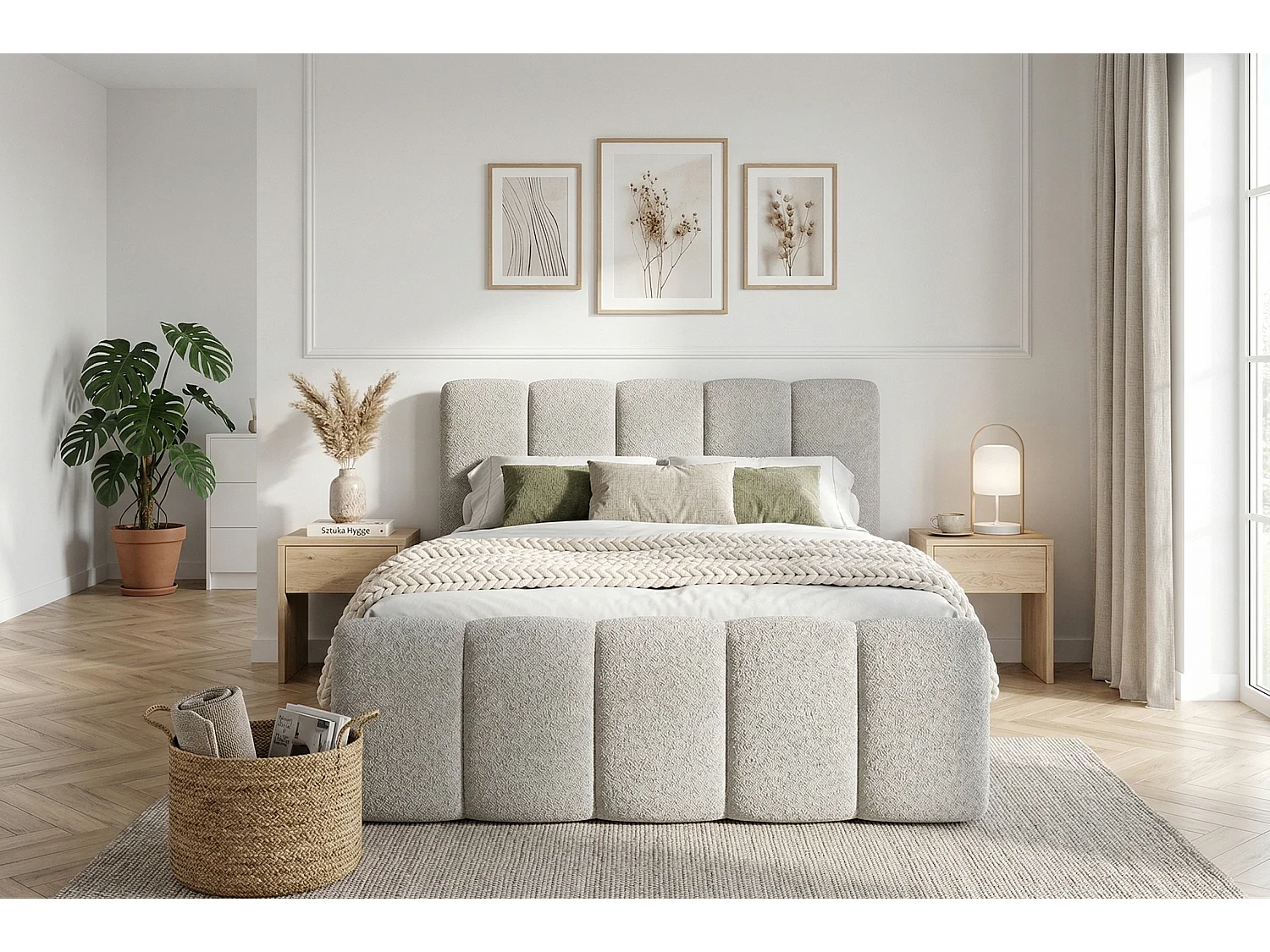 Élégant lit capitonné KORA 200x200 cm en tissu CENTAUR 3 gris clair.