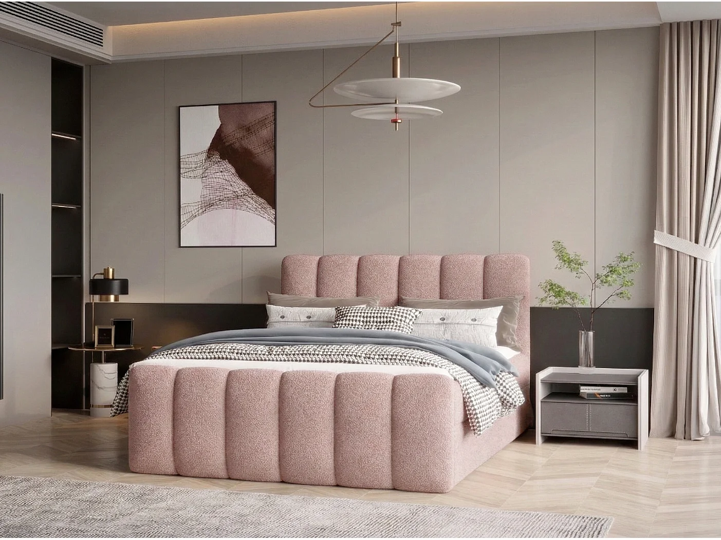 Élégant lit capitonné KORA 180x200 cm en tissu CENTAUR 5 rose