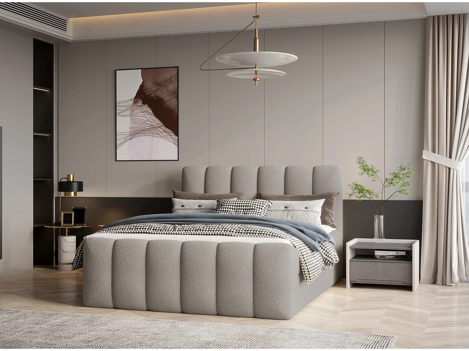 Élégant lit tapissé KORA 180x200 cm en tissu CENTAUR 3 gris clair