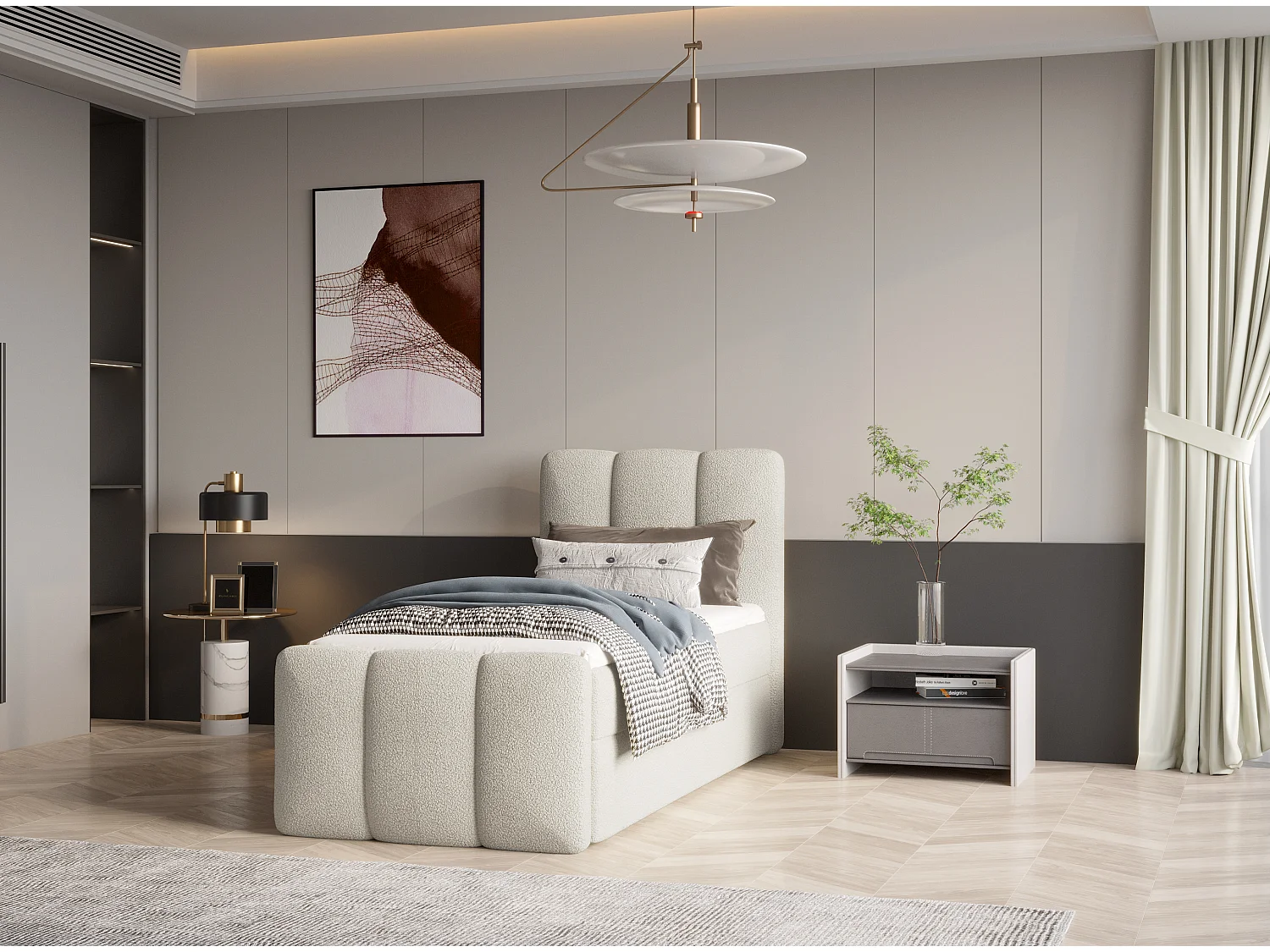 Lit tapissé élégant KORA 90x200 cm en tissu CENTAUR 1 blanc cassé