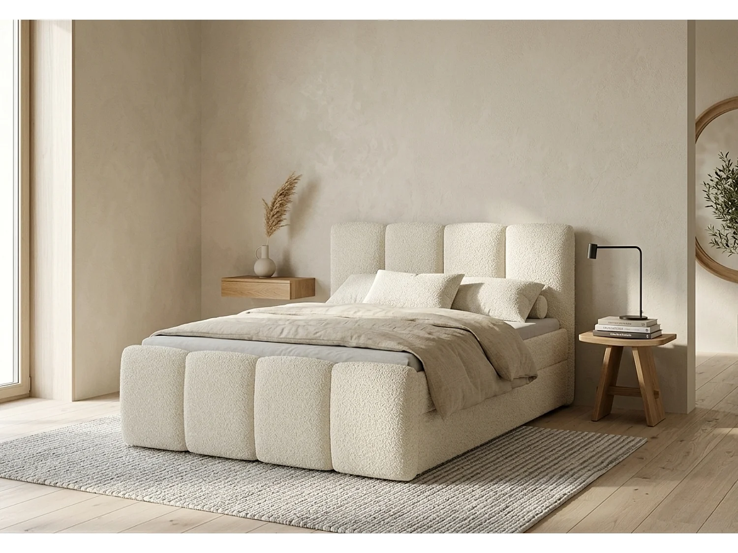 Élégant lit capitonné KORA 140x200 cm en tissu CENTAUR 1 blanc cassé