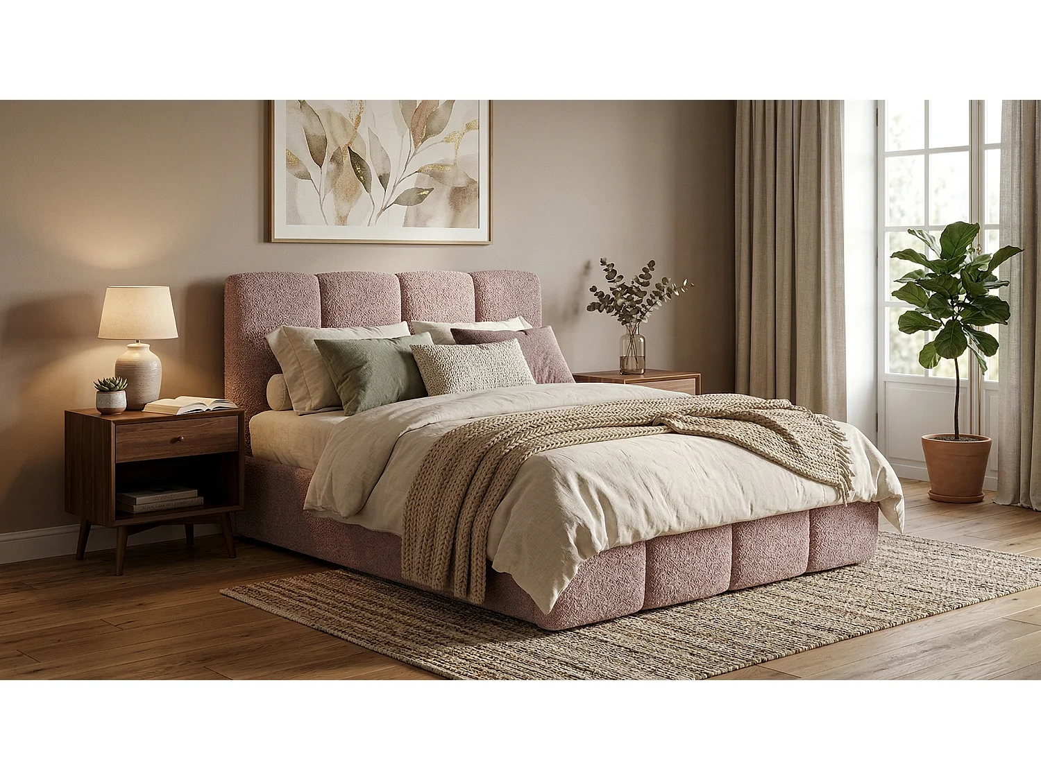 Élégant lit capitonné KORA 160x200 cm en tissu CENTAUR 5 rose