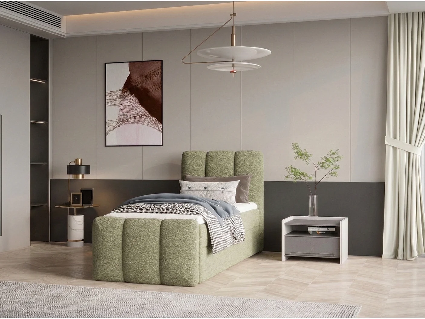 Élégant lit tapissé KORA 90x200 cm en tissu CENTAUR 13 vert