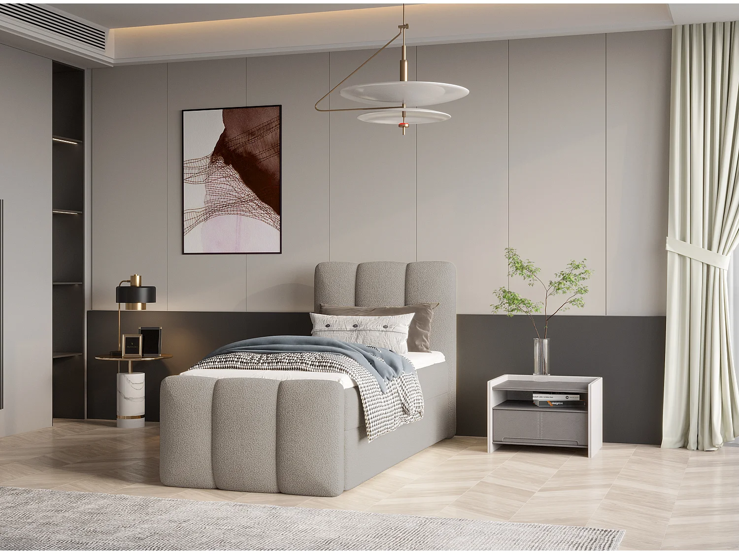 Élégant lit capitonné KORA 90x200 cm en tissu CENTAUR 3 gris clair
