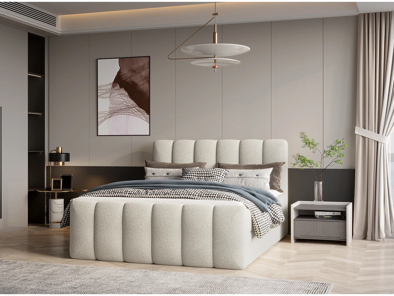 Élégant lit tapissé KORA 180x200 cm en tissu CENTAUR 1 blanc cassé.