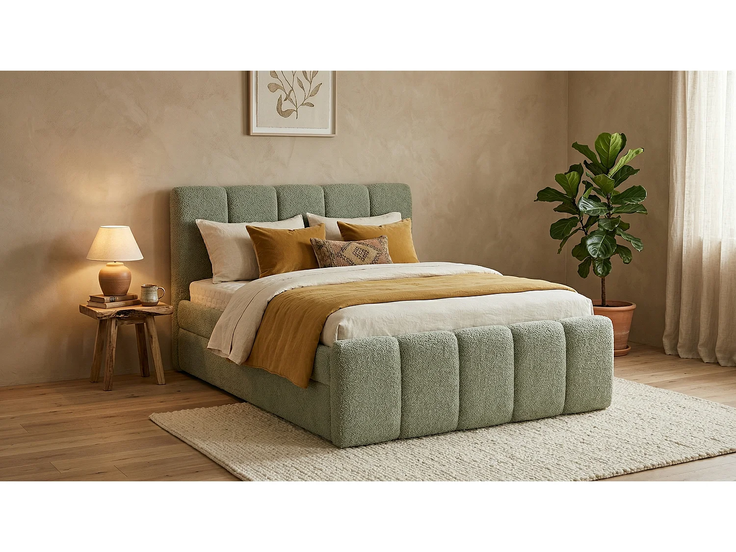 Élégant lit tapissé KORA 200x200 cm en tissu CENTAUR 13 vert