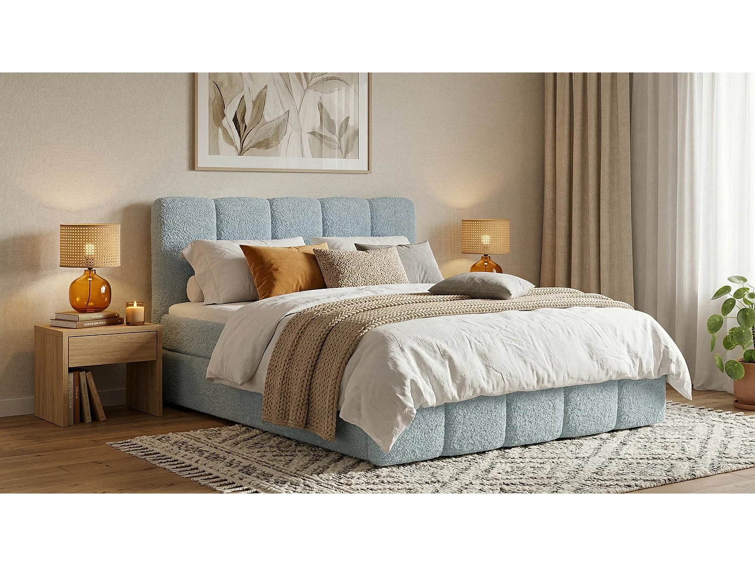 Lit capitonné élégant KORA 200x200 cm en tissu CENTAUR 9 bleu clair