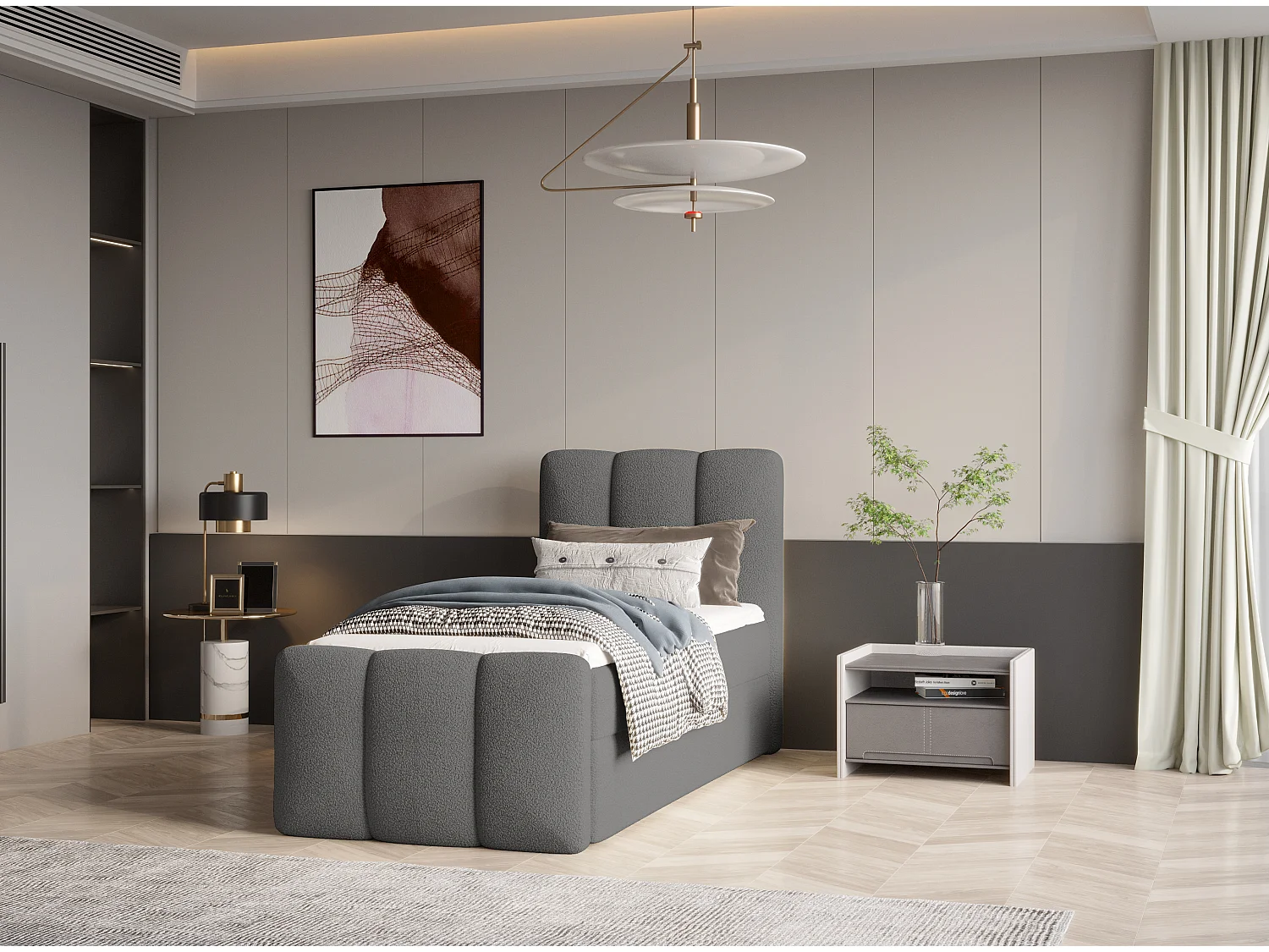 Élégant lit tapissé KORA 90x200 cm en tissu CENTAUR 15 gris