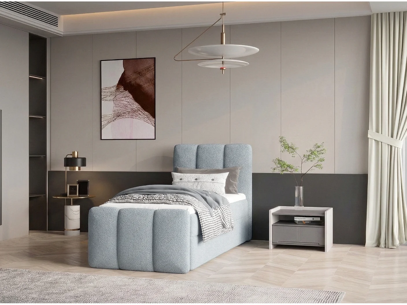 Élégant lit tapissé KORA 90x200 cm en tissu CENTAUR 9 bleu clair