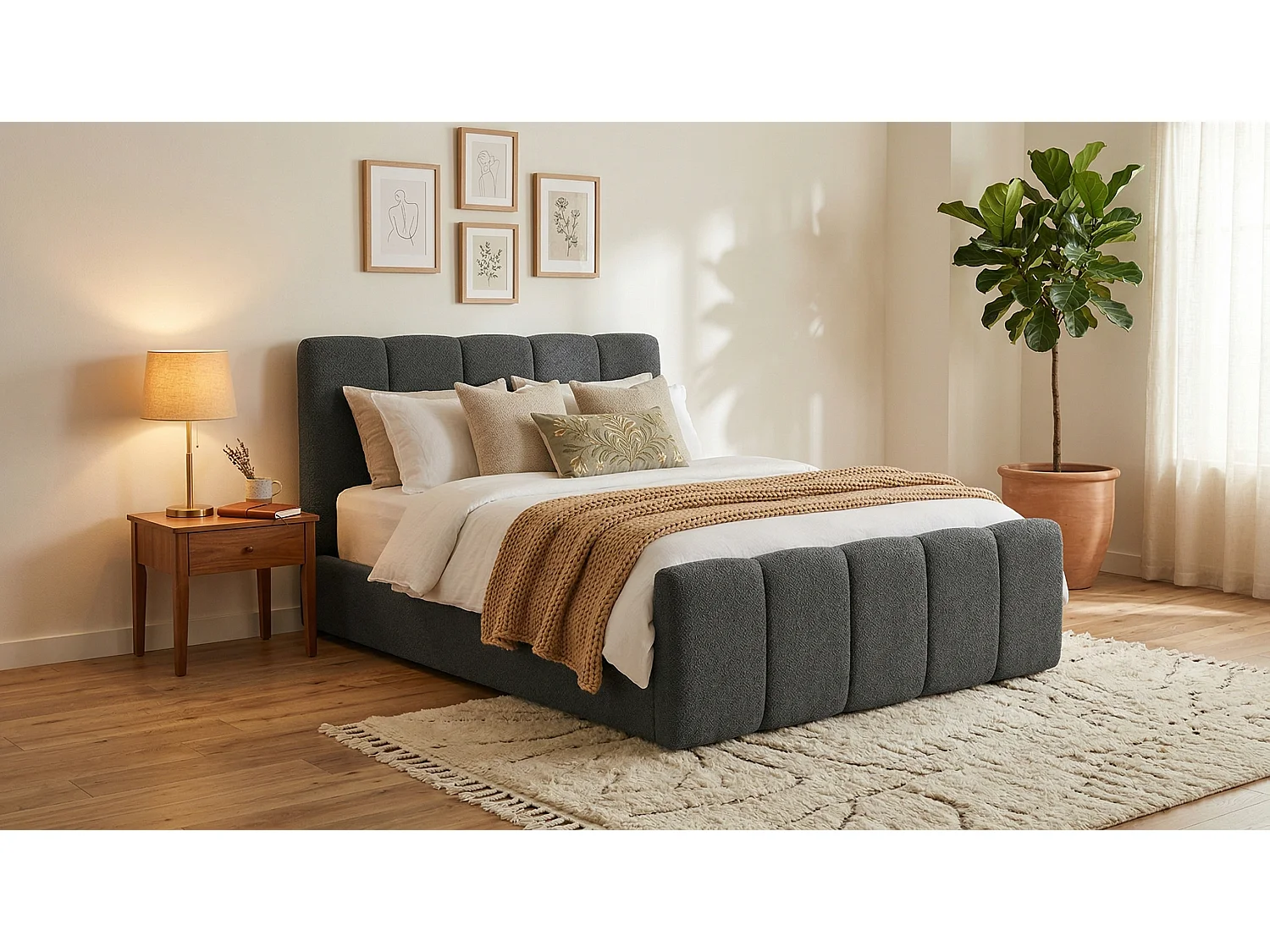 Élégant lit tapissé KORA 200x200 cm en tissu CENTAUR 15 gris