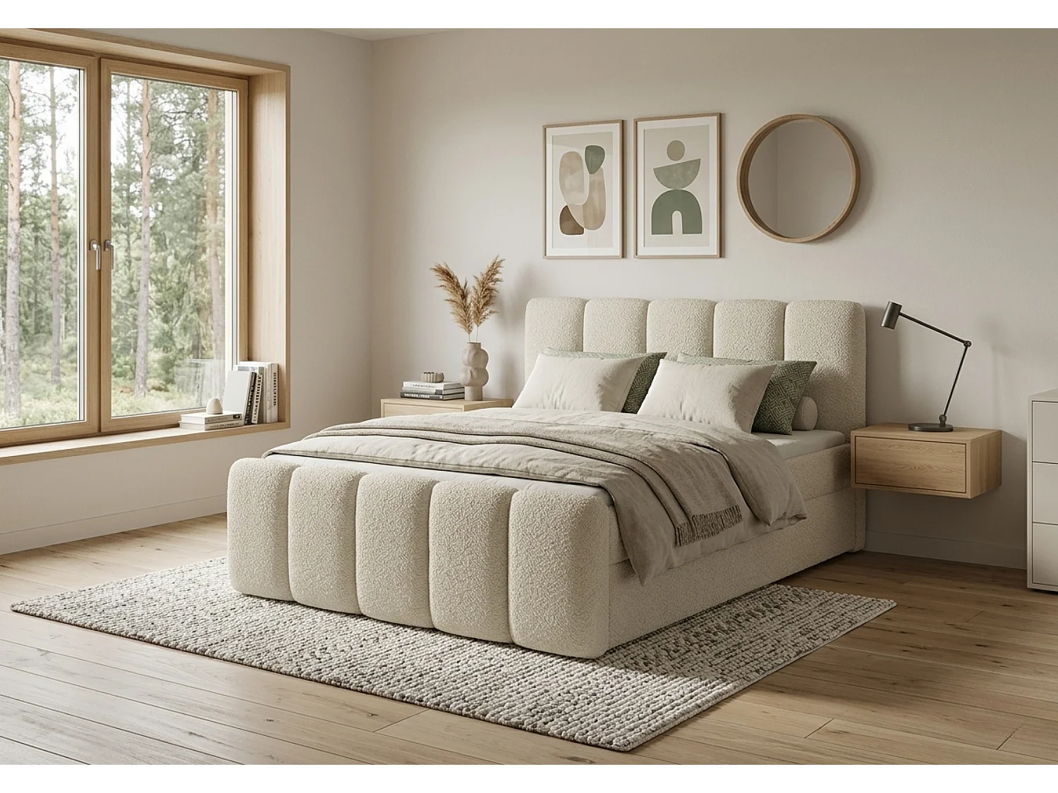 Élégant lit rembourré KORA 200x200 cm en tissu CENTAUR 1 blanc cassé.