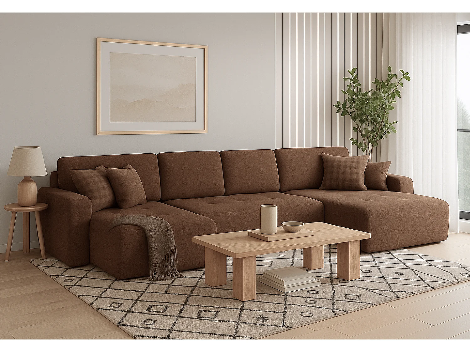 Élégant canapé d'angle convertible IVO U XL 387x150 cm, en tissu LAMBI 4 marron