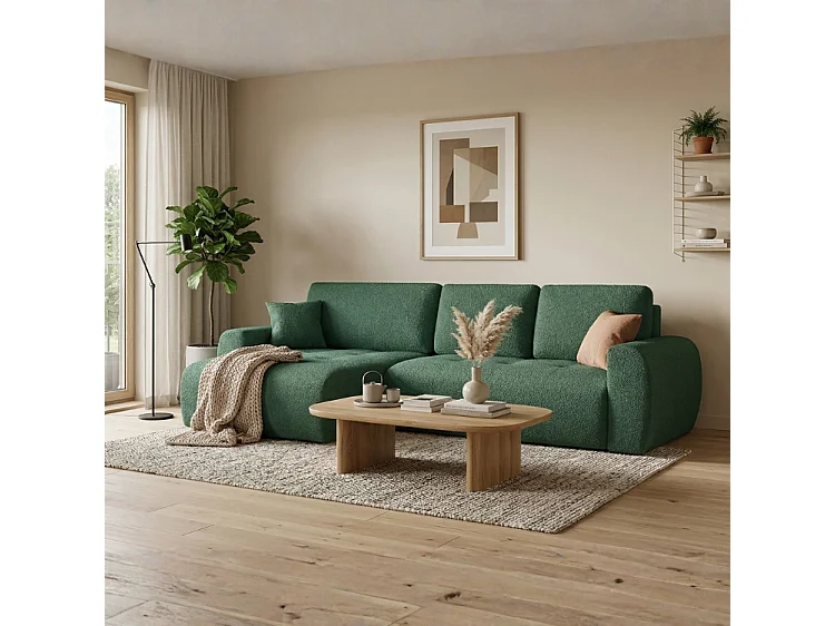 Élégant canapé d'angle convertible gauche IVO XL 280x142 cm, en tissu CENTAUR 12 vert bouteille