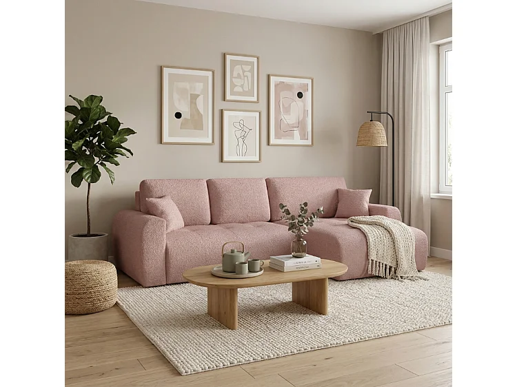 Élégant canapé d'angle convertible droit IVO XL 280x142 cm, en tissu CENTAUR 5 rose poudré