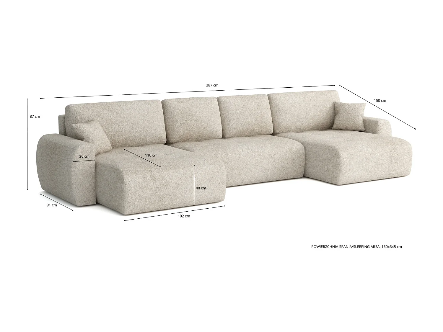 Élégant canapé d'angle convertible IVO U XL 387x150 cm, en tissu LAMBI 5 ivoire