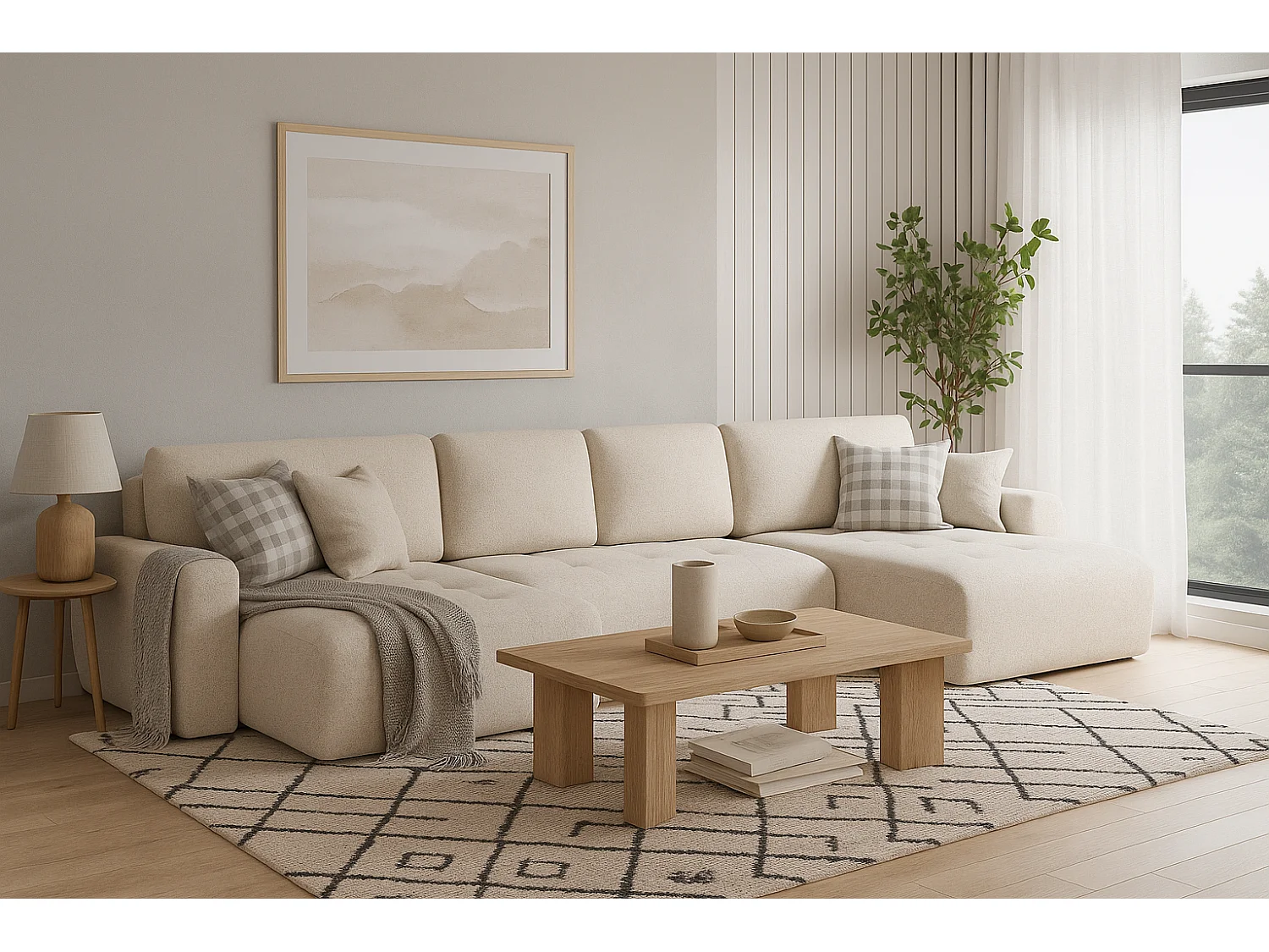 Élégant canapé d'angle convertible IVO U XL 387x150 cm, en tissu LAMBI 5 ivoire