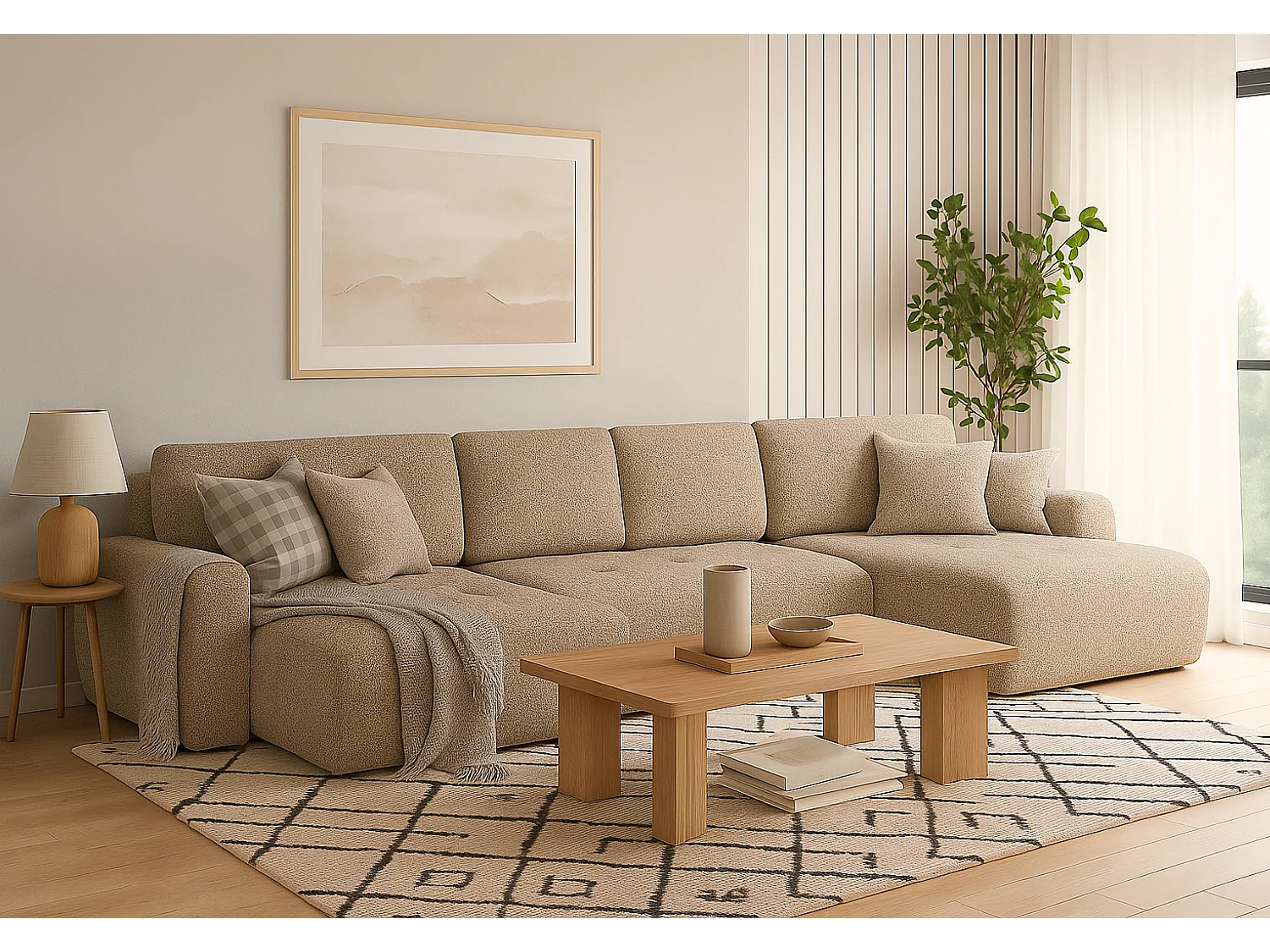 Élégant canapé d'angle convertible IVO U XL 387x150 cm, en tissu LAMBI 10 beige