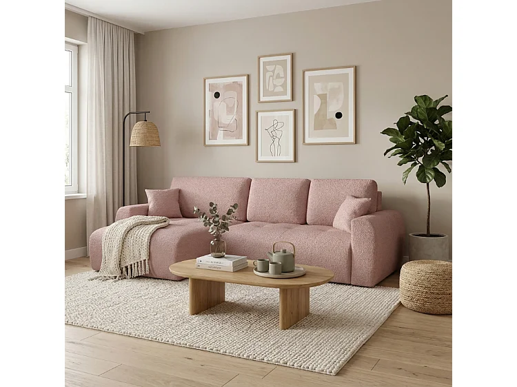 Élégant canapé d'angle convertible gauche IVO XL 280x142 cm, en tissu CENTAUR 5 rose poudré