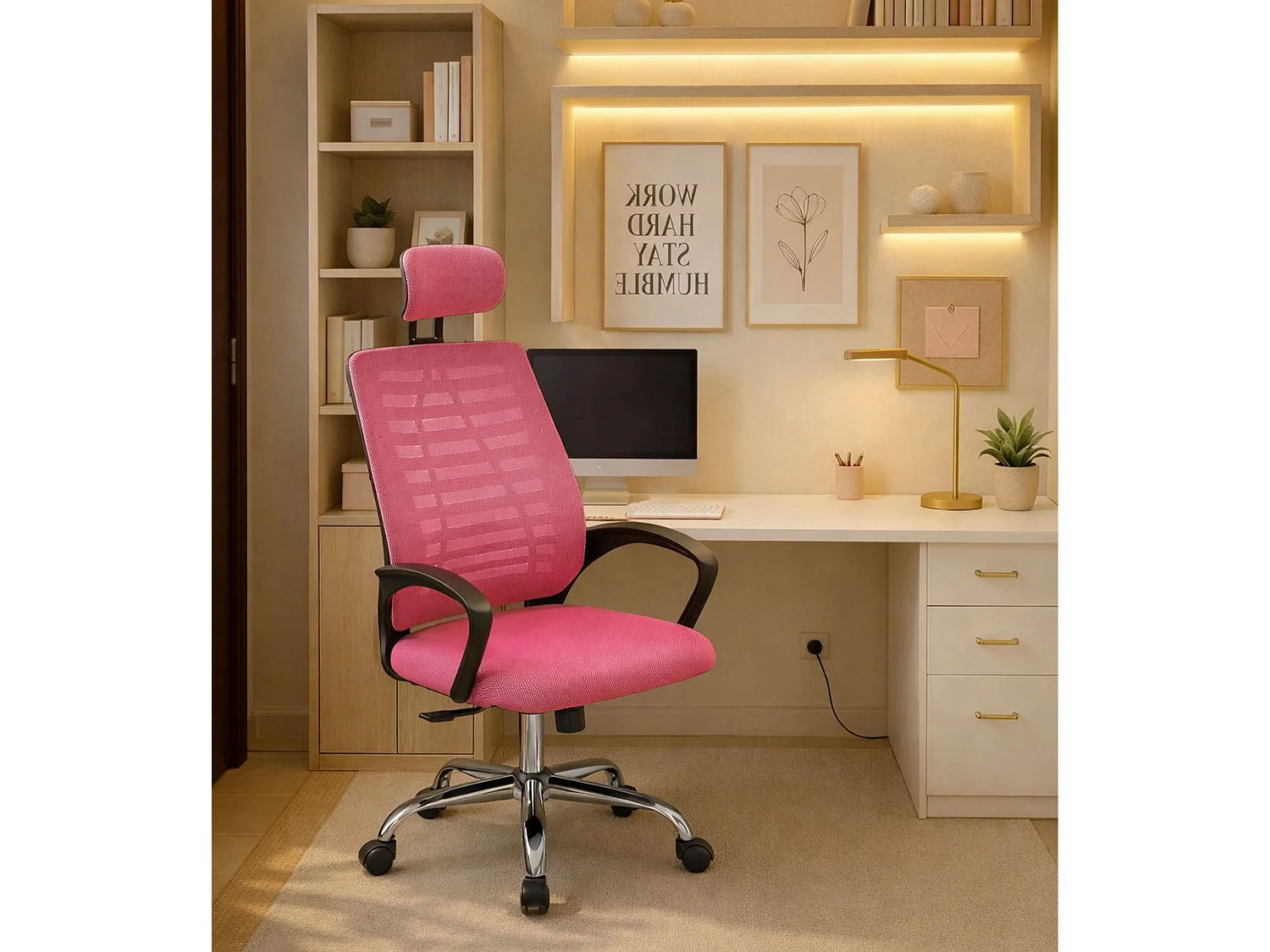 Silla de escritorio ergonómica con patas metálicas de 111-122x60x59 cm en color rosa Queny