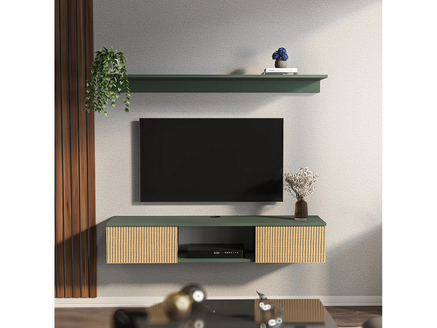 Meuble tv mural Elia flottant 140 cm - armoires - passe-cable - étagère murale incluse (Silva Vert et Effet Rotin)