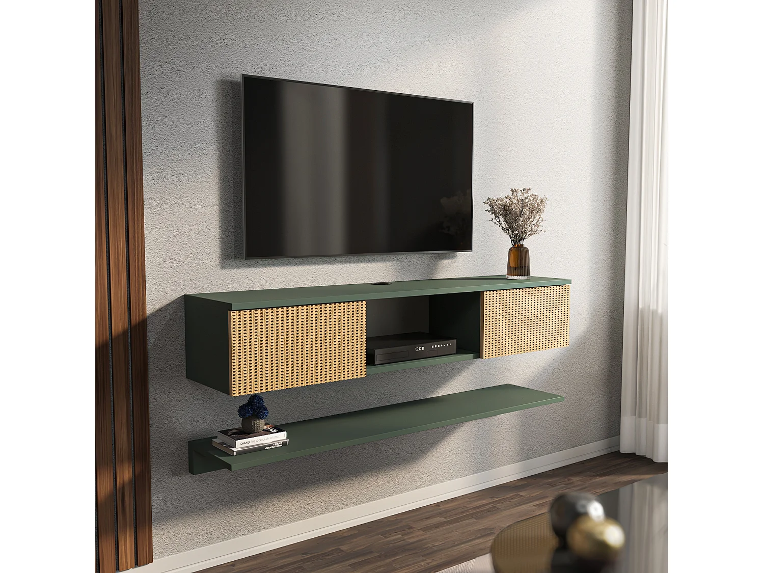 Meuble tv mural Elia flottant 140 cm - armoires - passe-cable - étagère murale incluse (Silva Vert et Effet Rotin)