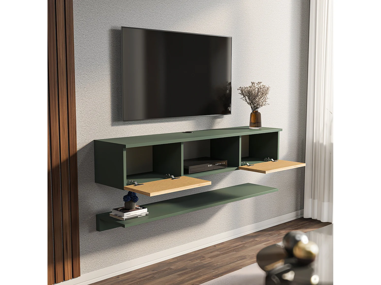 Meuble tv mural Elia flottant 140 cm - armoires - passe-cable - étagère murale incluse (Silva Vert et Effet Rotin)