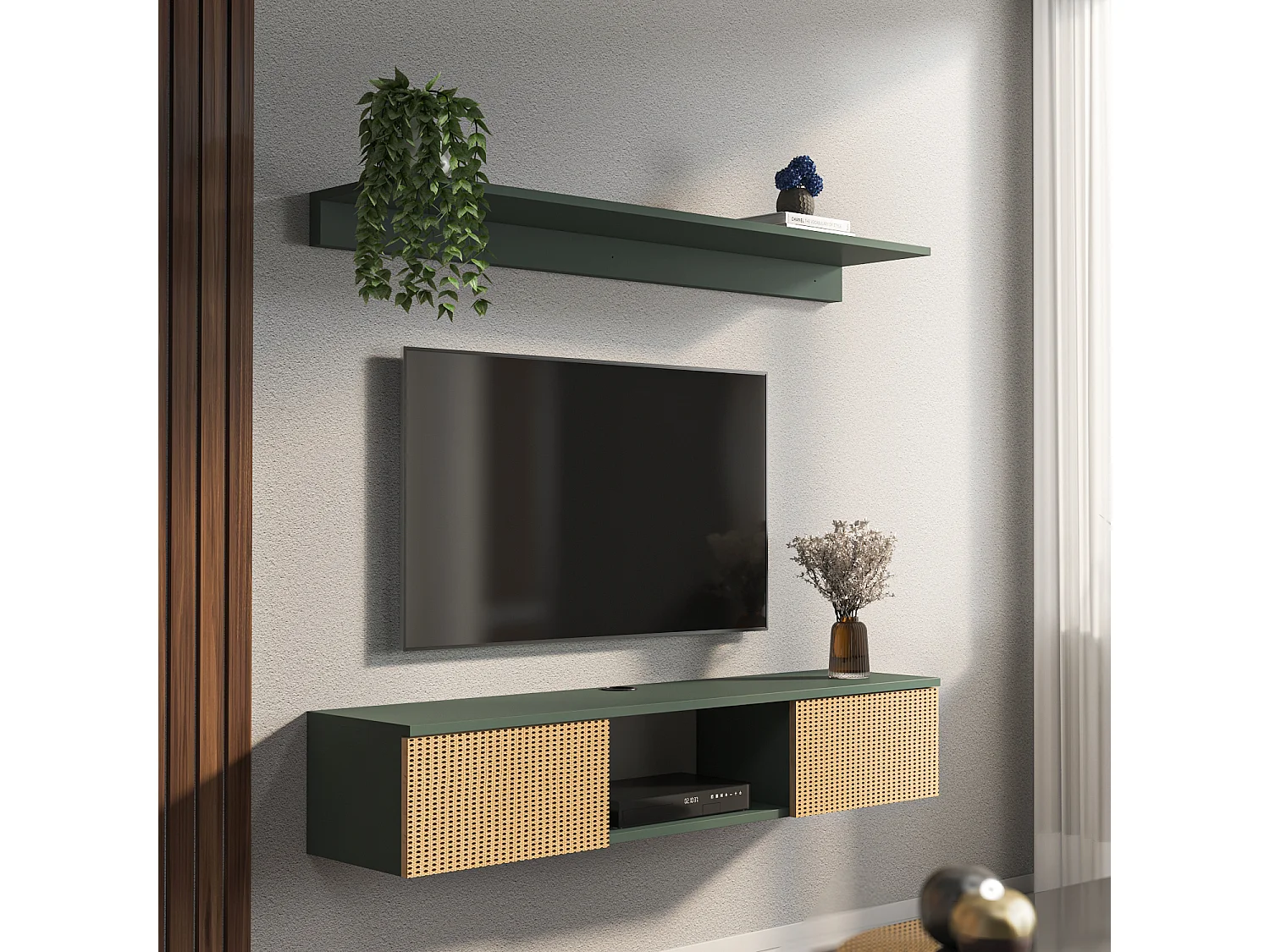 Meuble tv mural Elia flottant 140 cm - armoires - passe-cable - étagère murale incluse (Silva Vert et Effet Rotin)