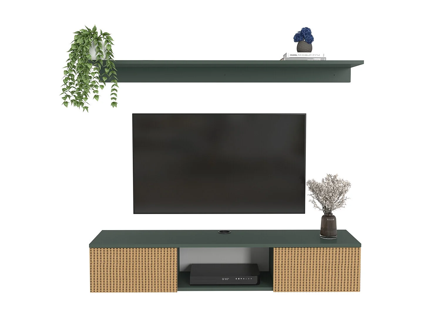 Meuble tv mural Elia flottant 140 cm - armoires - passe-cable - étagère murale incluse (Silva Vert et Effet Rotin)