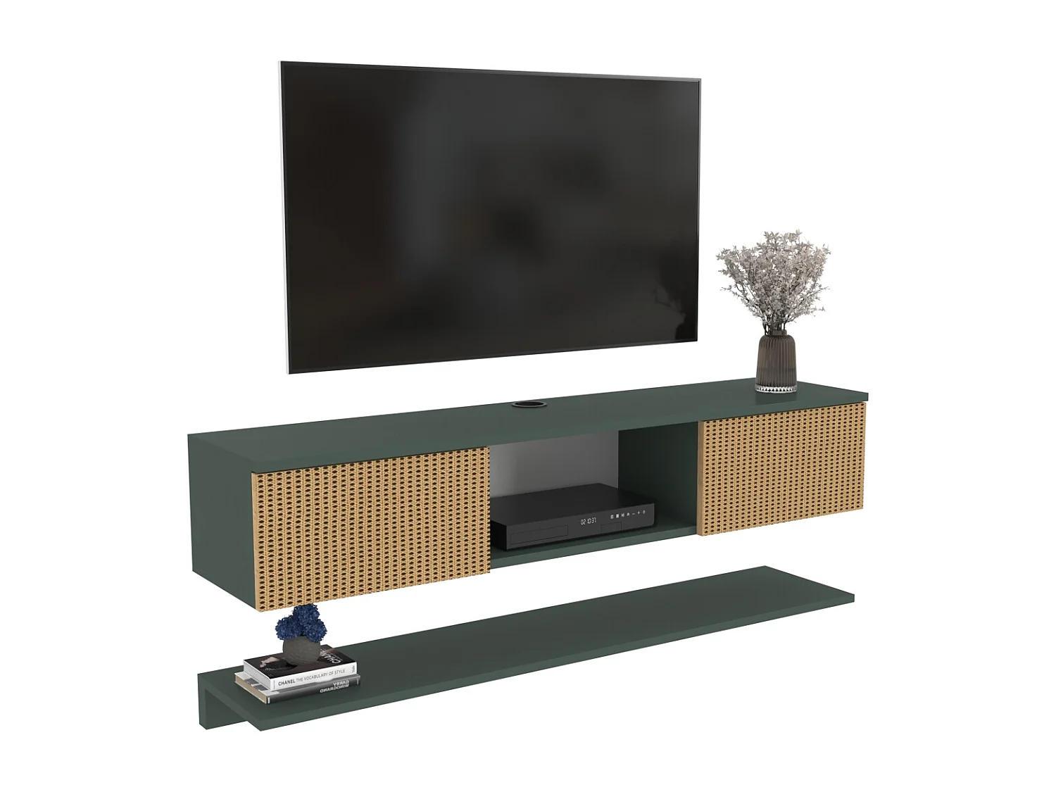 Meuble tv mural Elia flottant 140 cm - armoires - passe-cable - étagère murale incluse (Silva Vert et Effet Rotin)