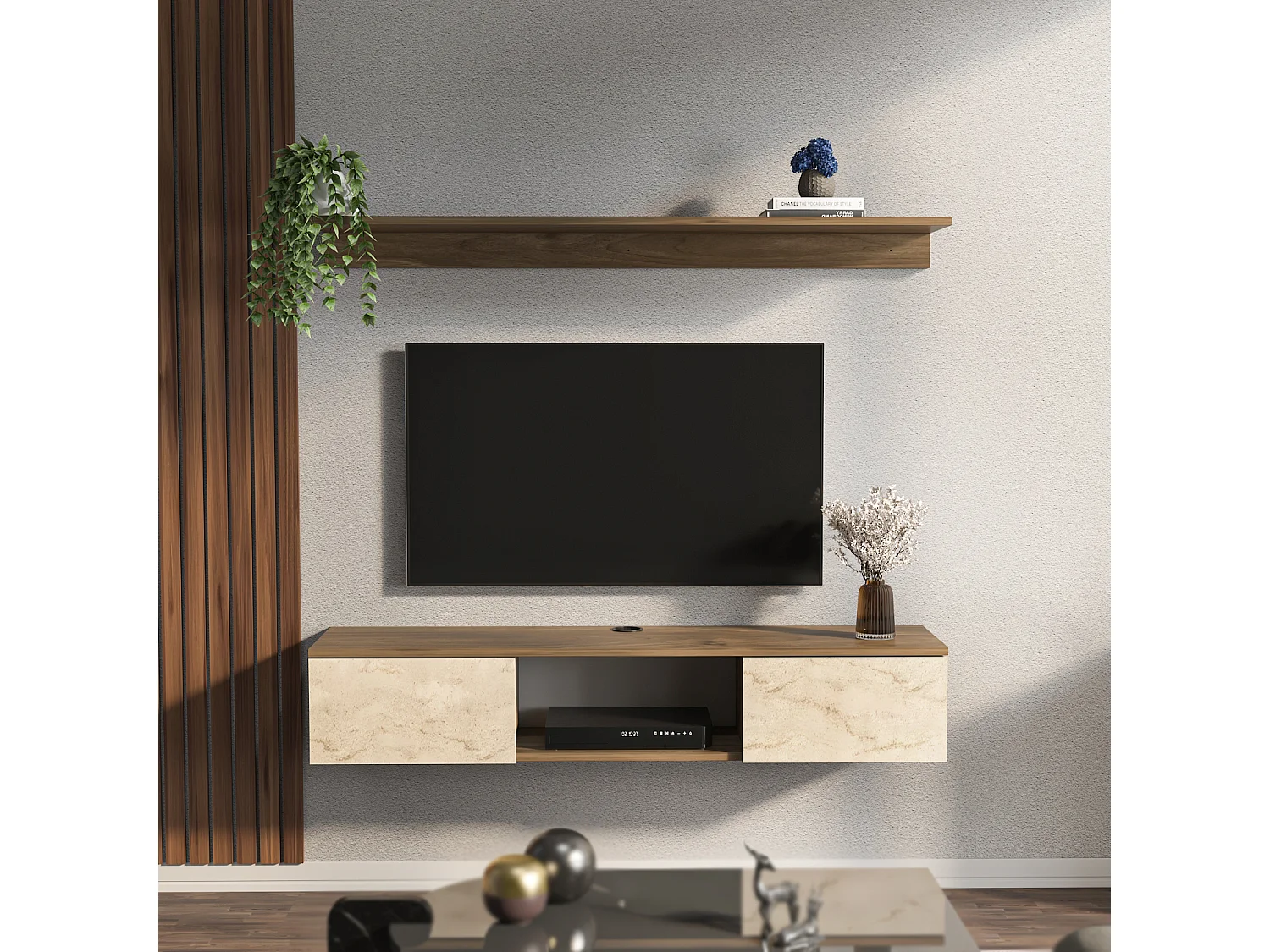 Meuble tv mural Elia flottant 140 cm - armoires - passe-cable - étagère murale incluse (Noyer et Travertine)