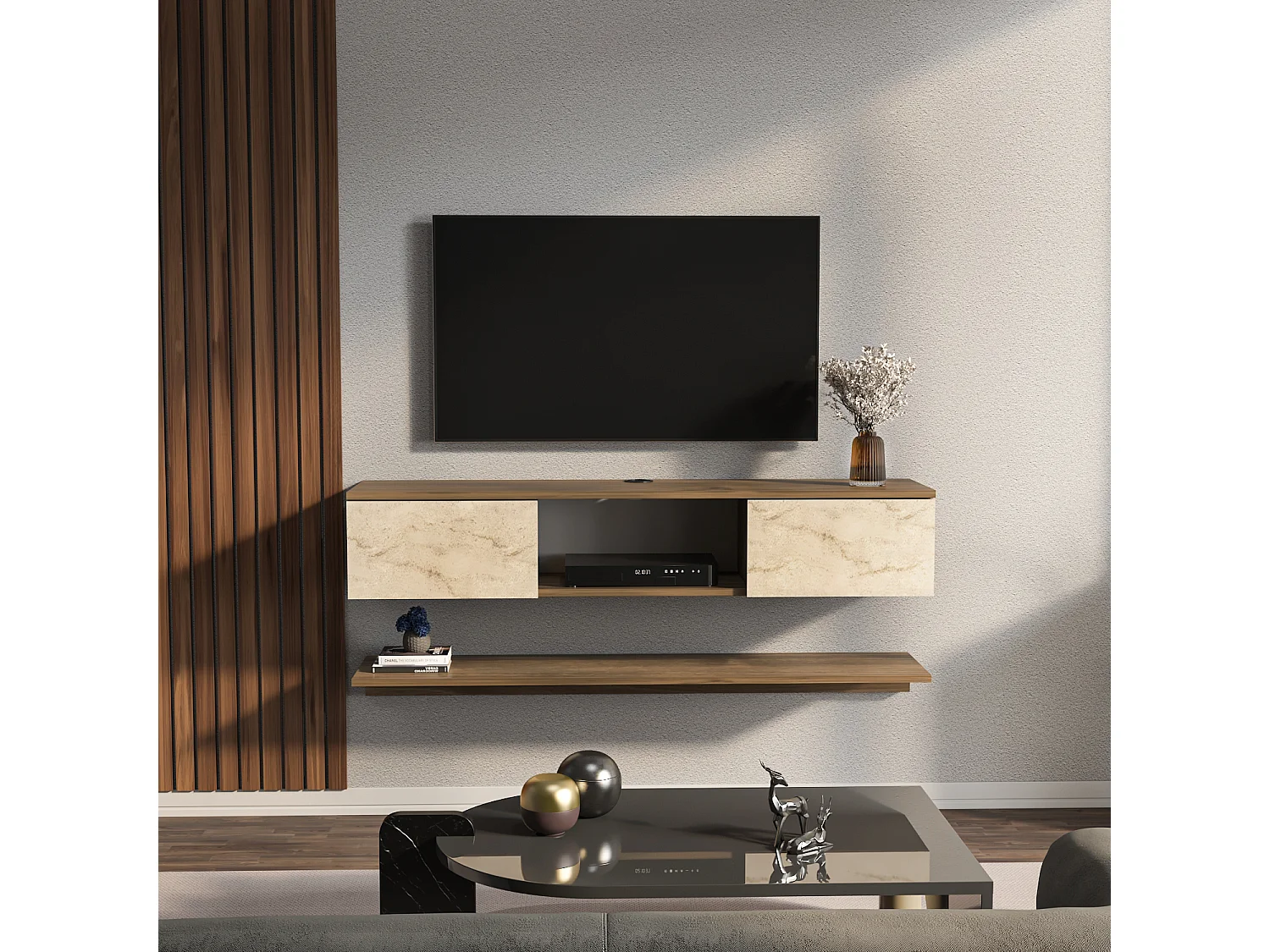 Meuble tv mural Elia flottant 140 cm - armoires - passe-cable - étagère murale incluse (Noyer et Travertine)
