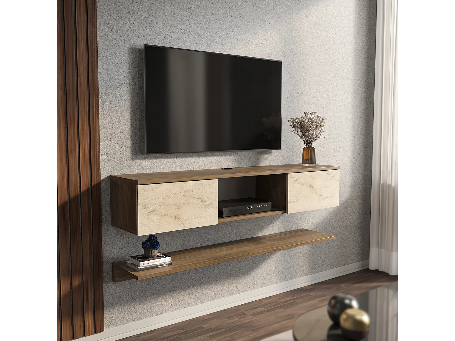 Meuble tv mural Elia flottant 140 cm - armoires - passe-cable - étagère murale incluse (Noyer et Travertine)
