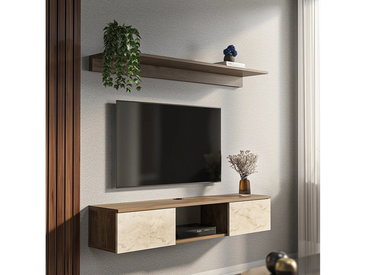 Meuble tv mural Elia flottant 140 cm - armoires - passe-cable - étagère murale incluse (Noyer et Travertine)