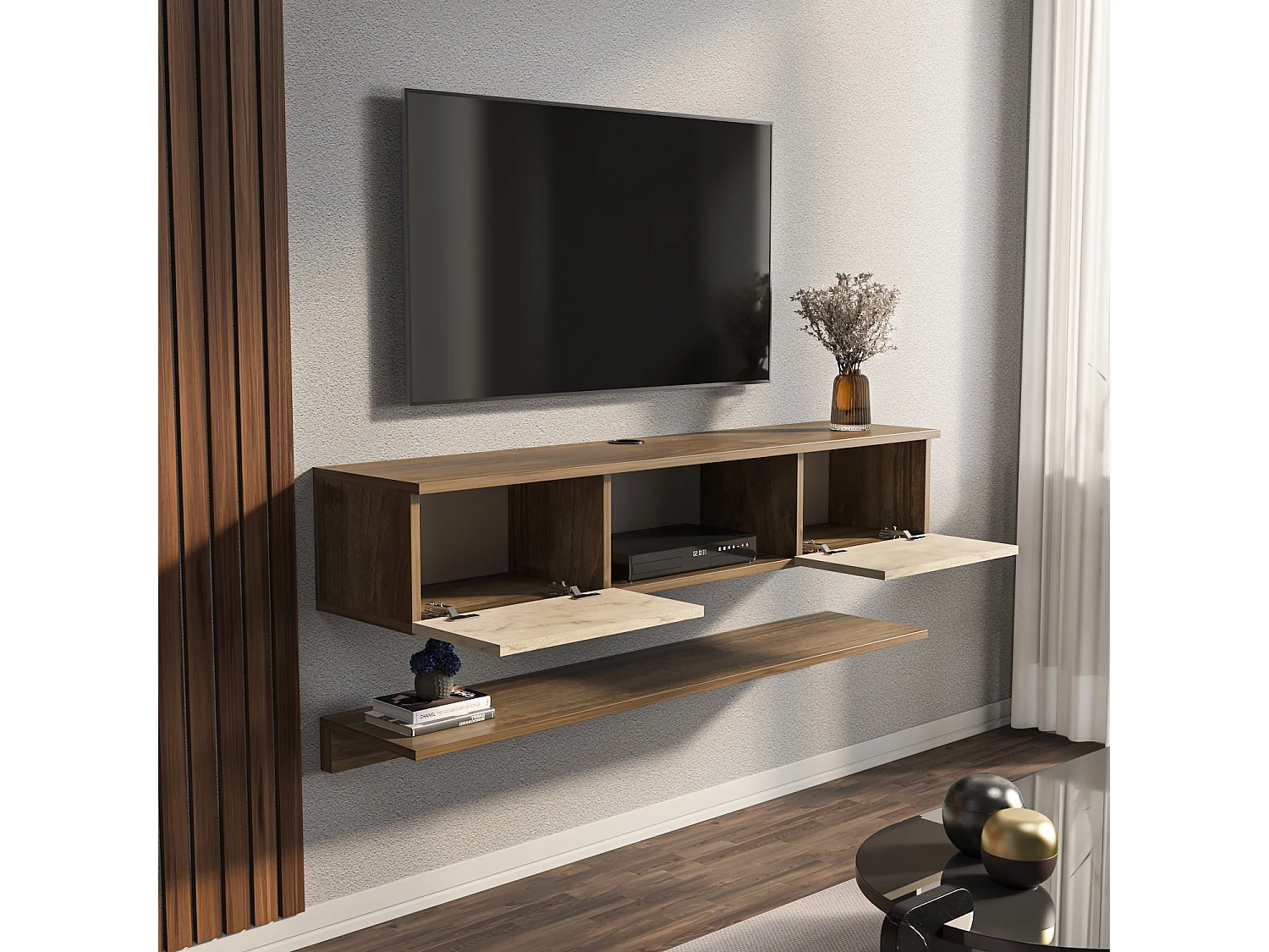 Meuble tv mural Elia flottant 140 cm - armoires - passe-cable - étagère murale incluse (Noyer et Travertine)