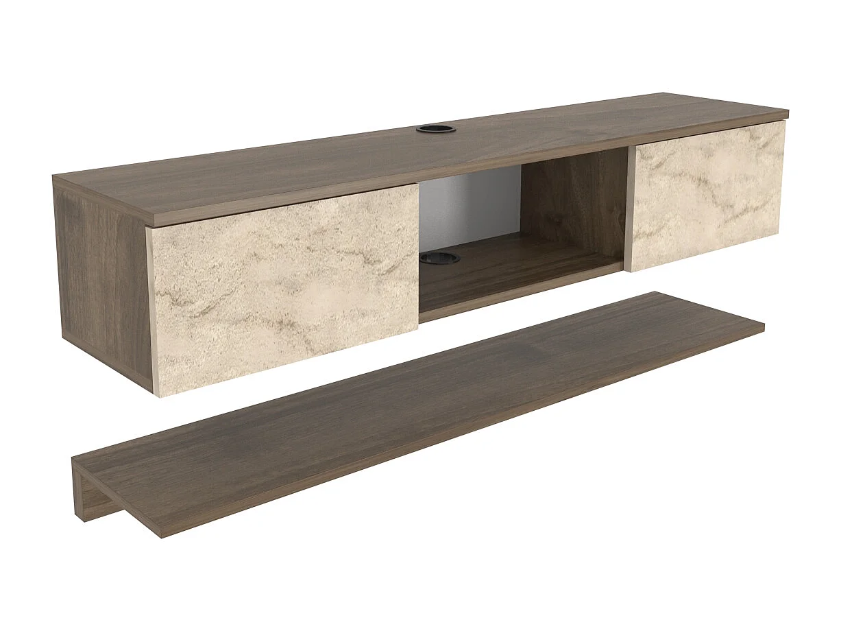 Meuble tv mural Elia flottant 140 cm - armoires - passe-cable - étagère murale incluse (Noyer et Travertine)