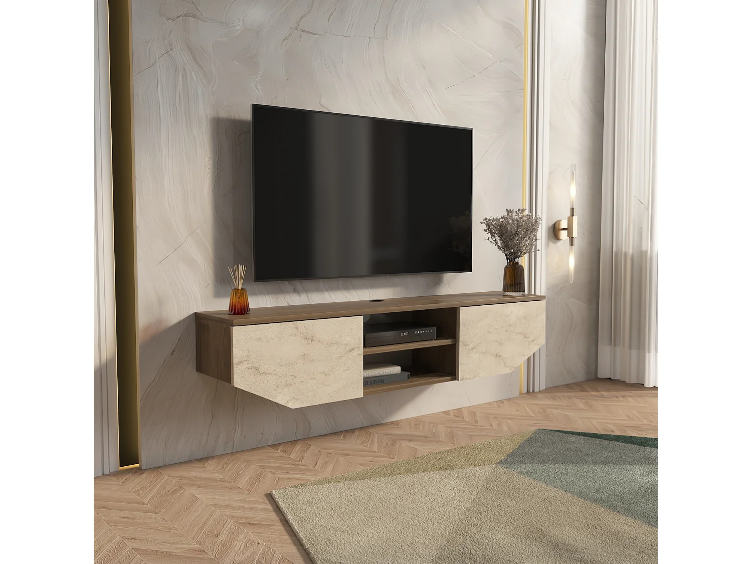 Hängende TV Einheit Hera Walnuss Travertin