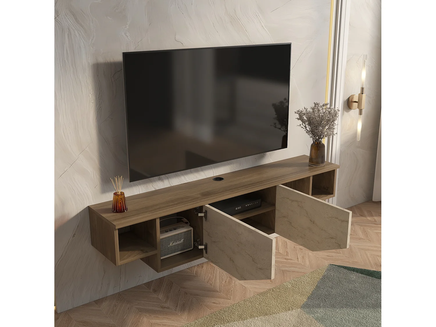 Hängende TV Einheit Hera Walnuss Travertin
