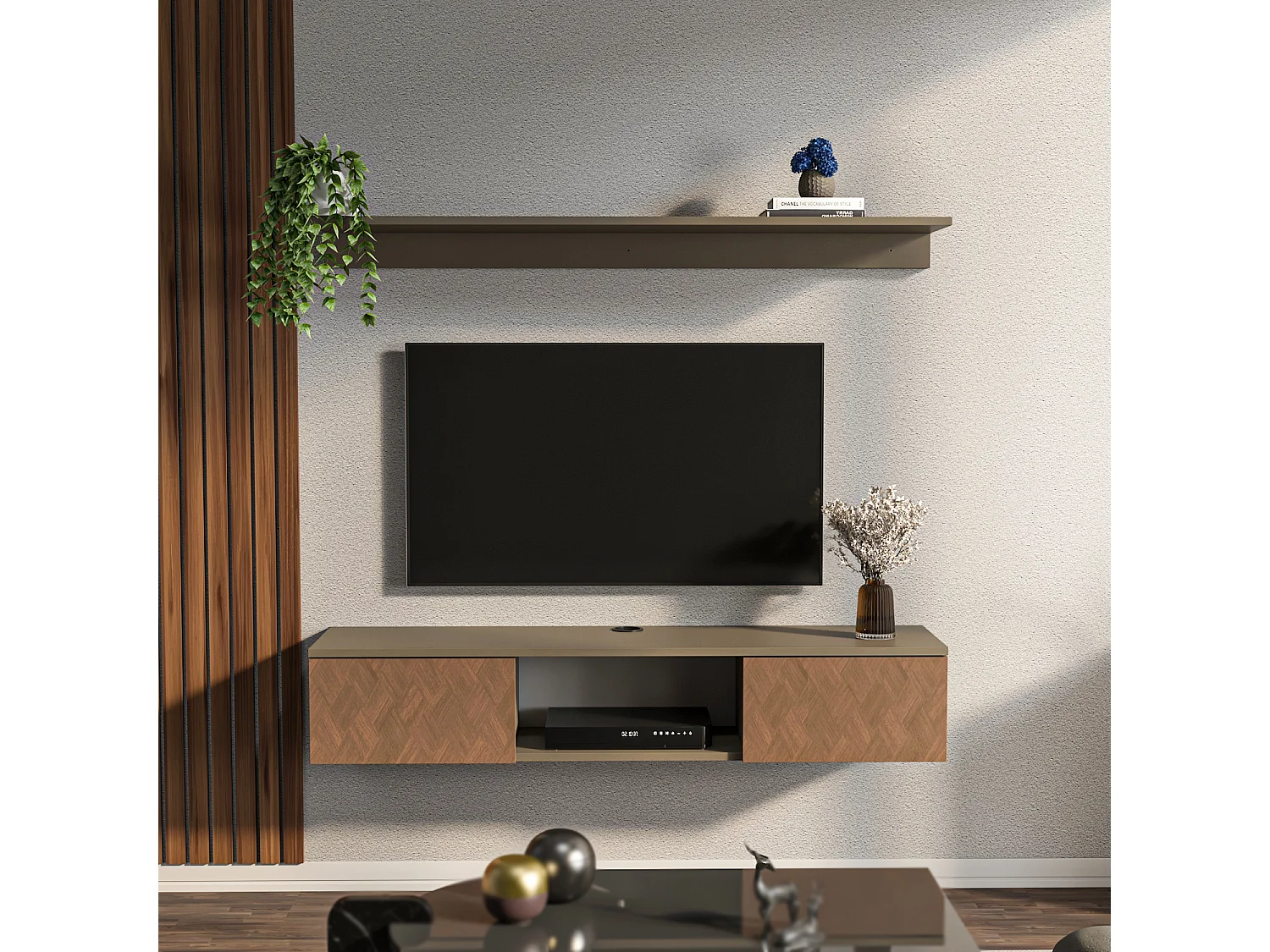 Meuble tv mural Elia flottant 140 cm - armoires - passe-cable - étagère murale incluse (Effet Galaxy et Vintage)