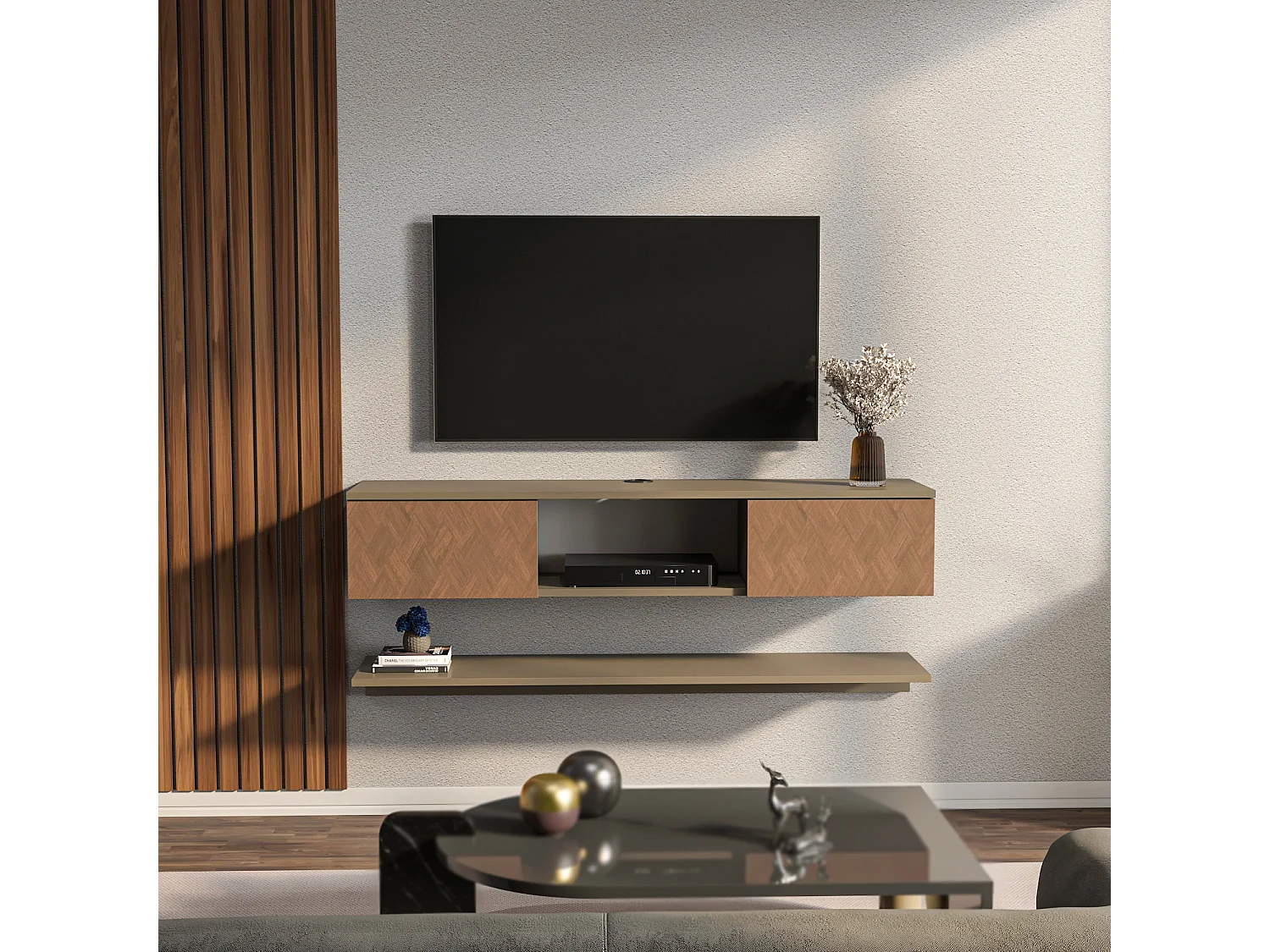 Meuble tv mural Elia flottant 140 cm - armoires - passe-cable - étagère murale incluse (Effet Galaxy et Vintage)