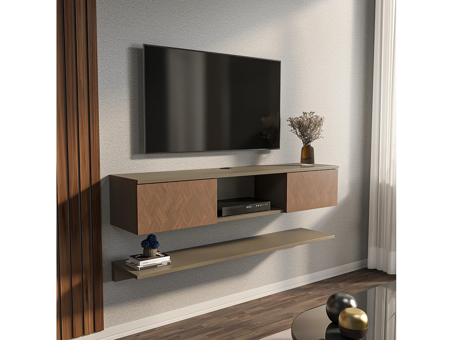 Meuble tv mural Elia flottant 140 cm - armoires - passe-cable - étagère murale incluse (Effet Galaxy et Vintage)