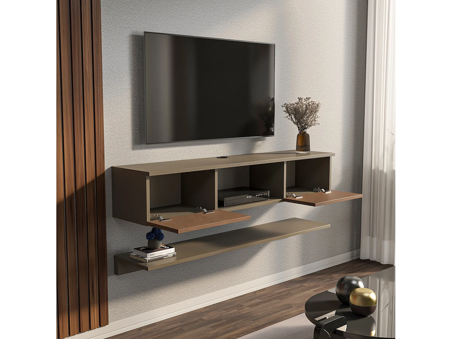 Meuble tv mural Elia flottant 140 cm - armoires - passe-cable - étagère murale incluse (Effet Galaxy et Vintage)